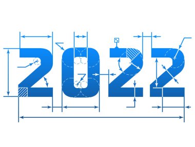 New Year 2022 number with dimension lines. Element of blueprint drawing in shape of 2022 year. Vector design element for new years day, christmas, winter holiday, engineering, new years eve, etc clipart