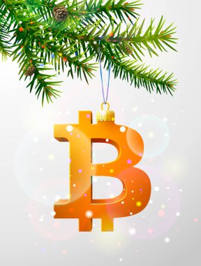 Dekoratif bitcoin sembollü Noel ağacı dalı. Bitcoin işareti, çam ağacının dalında asılı duran bir Noel mücevheri. Yılbaşı, finans, yeni yıl günü, bankacılık, yeni yıl arifesi, para, gümüş, vs. için vektör illüstrasyon