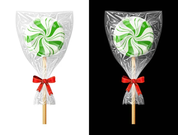 Candy Stick Plastic Wrapper Bow Festive Wrapped Green Lollipop Isolated — Stock Vector