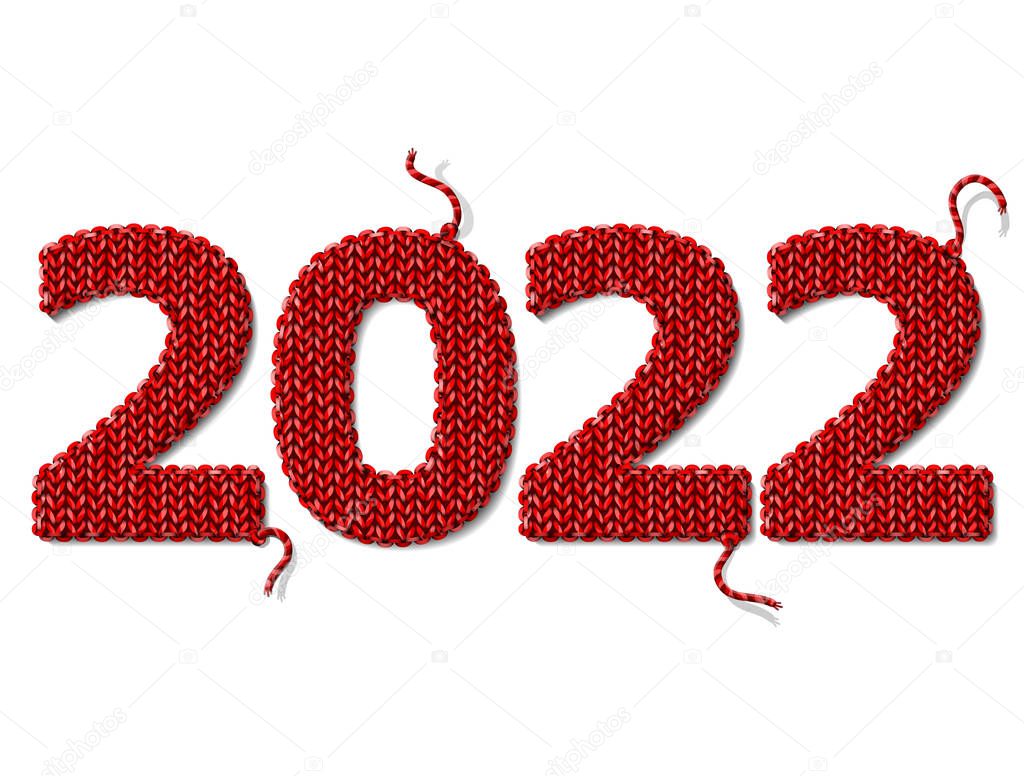 New Year 2022 of knitted fabric isolated on white background. Fragments of knitting in shape of number 2022. Vector design element for new years day, christmas, winter holiday, new years eve, silvester, etc