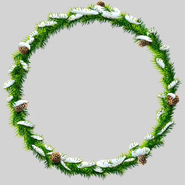 薄薄的圣诞花环与松果和雪 在灰色背景上孤立的松树枝干的圆形框架 圣诞节 新年前夕 银器等的病媒图解 — 图库矢量图片