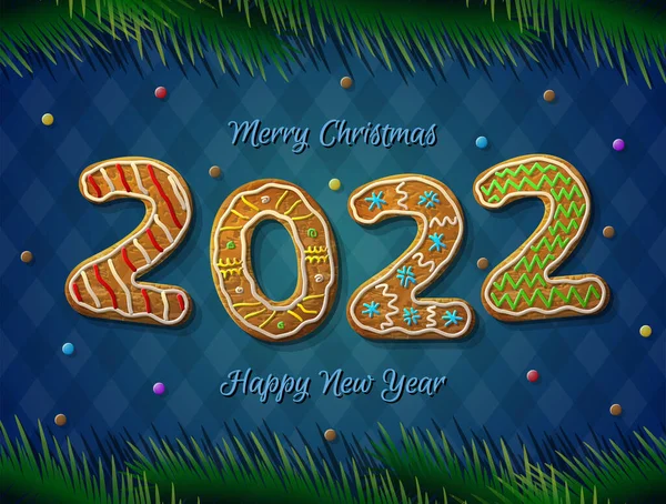Újévi Üdvözlőlap 2022 Ben Mézeskalács Formájában Fenyőágú Sütik Csíkos Háttérrel — Stock Vector