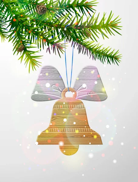 Weihnachtsbaumzweig Mit Klingelnder Glocke Aus Holz Feiertagsglocke Aus Holzbohlen Die — Stockvektor