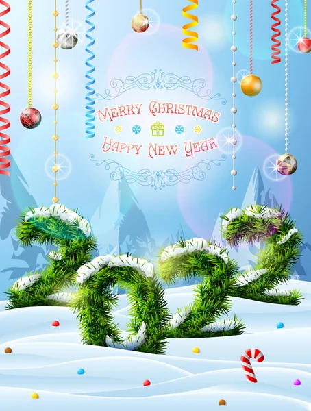 2022年的新年 在雪地里 圣诞树枝条长满了雪 冬季景观与松树分枝 装饰和祝贺 圣诞节 新年前夕 除夕夜等的病媒图像 — 图库矢量图片