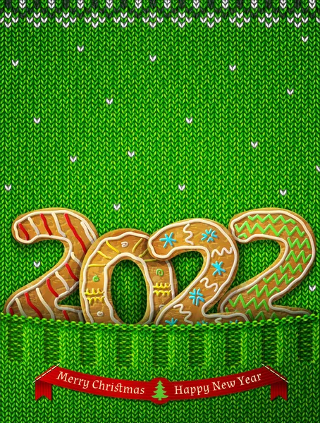 ニットポケットにジンジャーブレッドの形で2022年 クッキーのような年番号のジャンパーフラグメント 新年のベクトルイラスト クリスマス 冬の休日 食べ物 銀器など — ストックベクタ