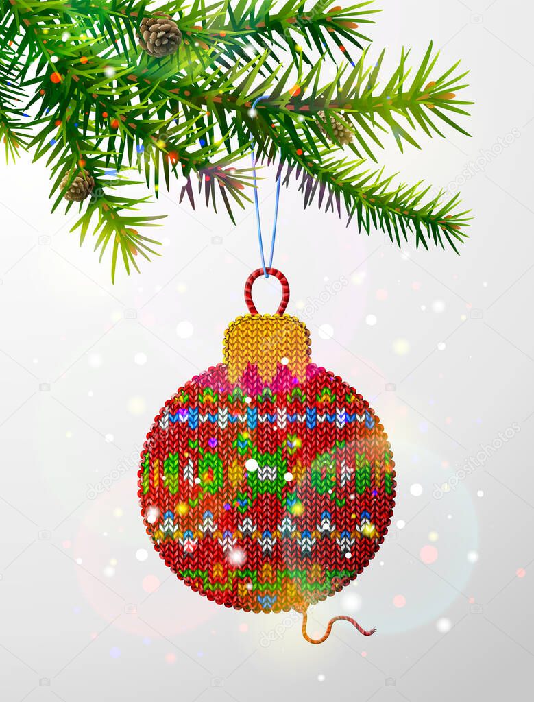 Christmas tree branch with knitted ornament. Crocheted christmas tree bauble hanging on pine twig. Vector image for new years day, christmas, winter holiday, decoration, new years eve, design, etc
