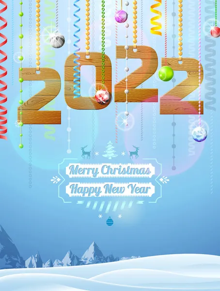 2022 Yılındaki Ahşap Noel Süsü Gibi Kış Manzarası Noel Kutlamaları — Stok Vektör