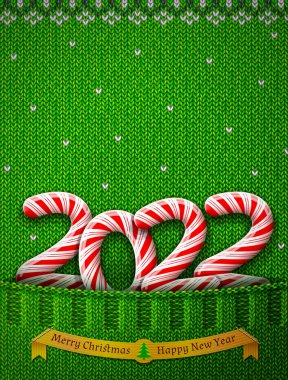 Yeni yıl 2022. Örgü cebinde şeker şeklinde. Yıl numarası tatil şekeri olan süveter parçası. Yeni yıl için vektör imajı, Noel, tatlı şeyler, kış tatili, yeni yıl arifesi