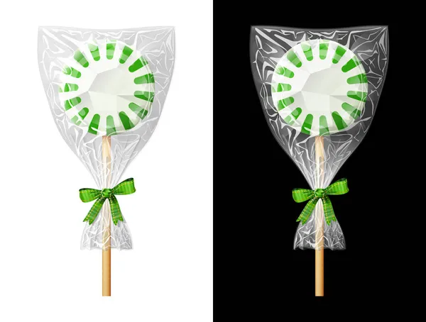 Ronde Snoep Stok Plastic Verpakking Met Strik Feestelijke Ingepakte Groene — Stockvector