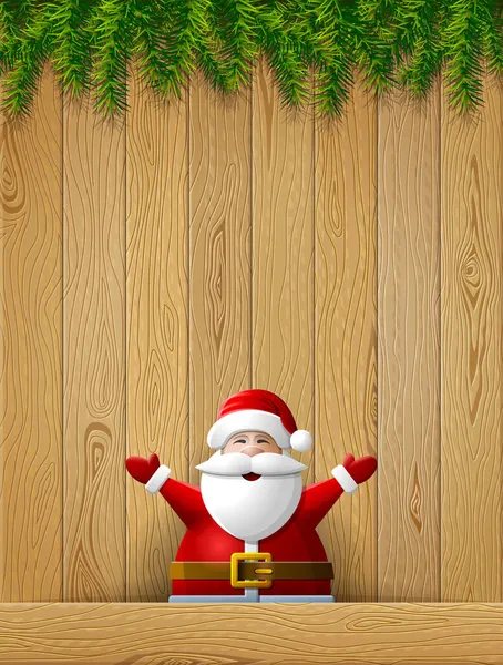 Santa Claus Con Las Manos Alto Levanta Sobre Fondo Madera — Vector de stock