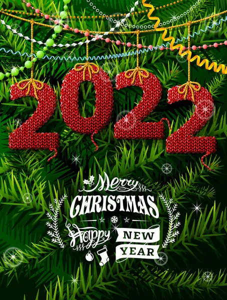 New Year 2022 Shape Knitted Fabric Pine Branches Christmas Wishes — Stock Vector