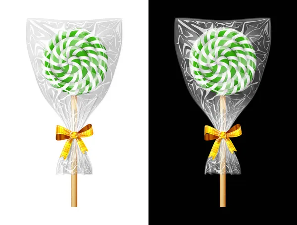 Candy Stick Plastic Wrapper Bow Festive Wrapped Green Lollipop Isolated — Stock Vector