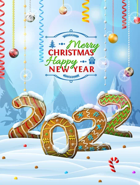 雪の中でジンジャーブレッドの形で2022年 クッキーと冬の風景 クリスマスの装飾 お祝い クリスマス 冬の休日 食べ物 銀のためのベクトル画像 ベクターグラフィックス