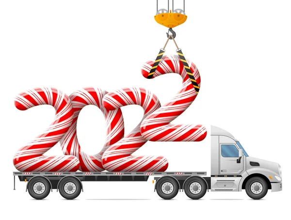 クレーンは お菓子スティックの新年2022をロードします トラックの後ろに大きな縞模様の休日のキャンディー年番号 新しい年のベクトル画像 クリスマス 新年の前夜 冬の休日 トラック — ストックベクタ