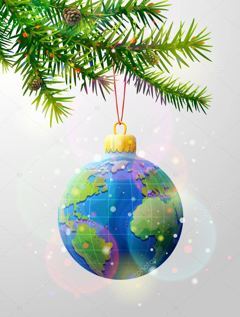 Christmas tree branch with decorative bauble of globe. Earth planet ball hanging on pine twig as christmas ornament. Vector image for christmas, travel, new years day, geography, decoration, tourism, etc