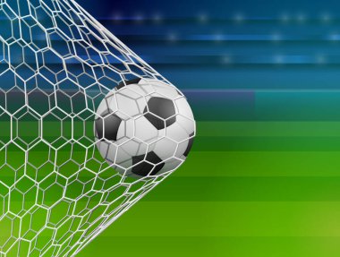 Kalede futbol topu, yan görüş. Stadyuma karşı futbol maçının gol anı. Futbol, spor, futbol, şampiyonluk, oyun, vs. için vektör illüstrasyonu