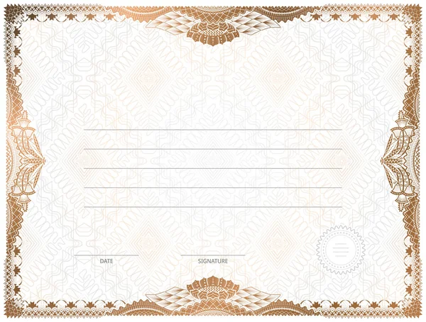 Plantilla Certificado Con Elementos Guilloche Diploma Bronce Diseño Frontera Para — Vector de stock