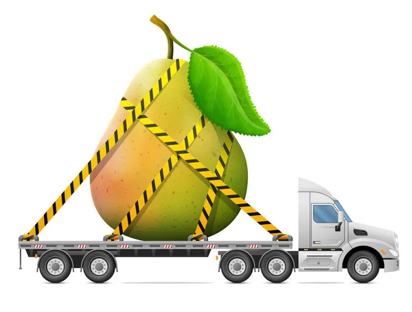 Road transportation of fresh pear fruit. Delivery of big pear with leaf in back of truck. Vector illustration about pears, agriculture, fruits, transportation, gastronomy, trucking, etc