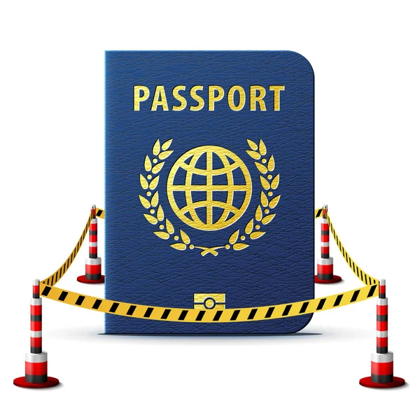制限区域内にある青いパスポート 国際識別文書に囲まれたバリアテープ 身分証明書 チェックイン パスポートコントロール 市民権 旅行などのベクトル画像 — ストックベクタ