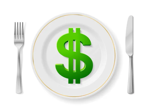 Dollar White Plate Fork Knife Top View Dinner Plate Dollar — Archivo Imágenes Vectoriales