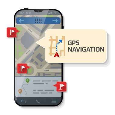 Smartphone with message bubble about gps navigation. Dialog box pop up over screen of phone. Vector illustration about smartphone, navigation, mobile technology, gps location, tracking, map, etc