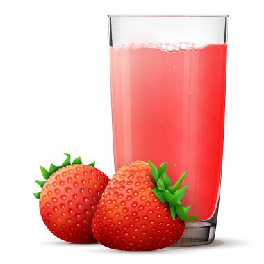 Strawberry juice in glass isolated on white background. Whole strawberry berries with fresh squeezed juice glass. Vector illustration about beverages, fruits, agriculture, food, gastronomy, etc