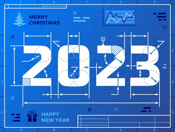 Card New Year 2023 Blueprint Drawing Stylized Drafting 2023 Blueprint — Stock Vector