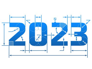 New Year 2023 number with dimension lines. Element of blueprint drawing in shape of 2023 year. Vector design element for new years day, christmas, winter holiday, engineering, new years eve, etc clipart