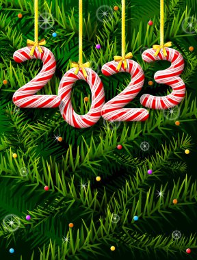Yeni yıl 2023, çam dallarına karşı şeker şeklinde. Yıl sayısı bayram şekerleri gibi. Yeni yıl için vektör illüstrasyonu, Noel, kış tatili, tatlı şeyler, yeni yıl arifesi, yemek, vs.