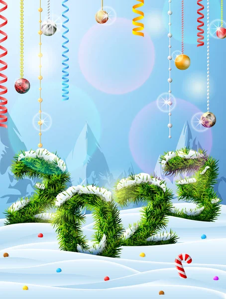 2023年的新年 在雪地里的圣诞树枝条 冬季景观与松树分枝 圣诞节 新年前夕 除夕夜等的病媒图像 — 图库矢量图片