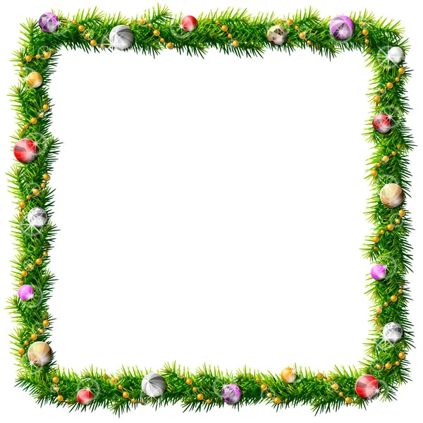 Thin Christmas Square Wreath Decorative Beads Baubles Rectangle Frame Pine — Stock Vector