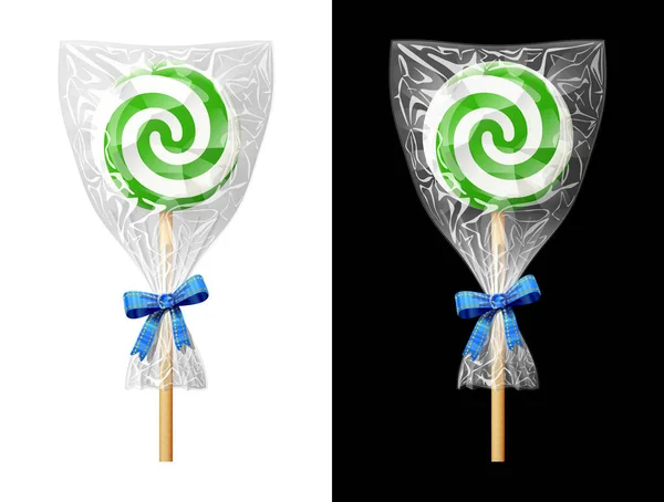 Green Candy Stick Plastic Wrapper Bow Festive Wrapped Lollipop Isolated — Stock Vector