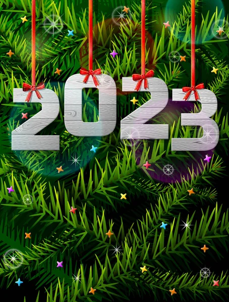 Yeni Yıl 2023 Çam Dallarına Karşı Beyaz Ahşap Kurdeledeki Noel — Stok Vektör