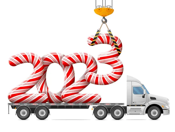 起重机装上了2023年的糖果棒卡车后部有一个大的条纹节假日糖果号 圣诞节 新年前夕 卡车运货 收银机等的病媒图像 — 图库矢量图片