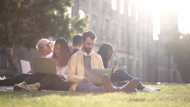 Diversos estudiantes que estudian al aire libre en un día soleado — Vídeo de stock