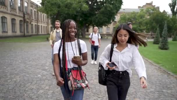 Multi-étnica chica estudiantes charlando al aire libre — Vídeo de stock