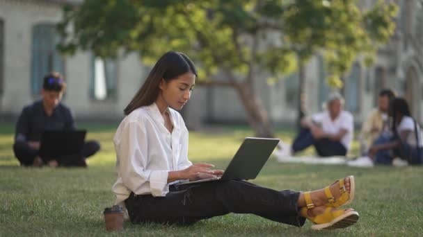 Schattig aziatisch meisje student werken op laptop buiten — Stockvideo