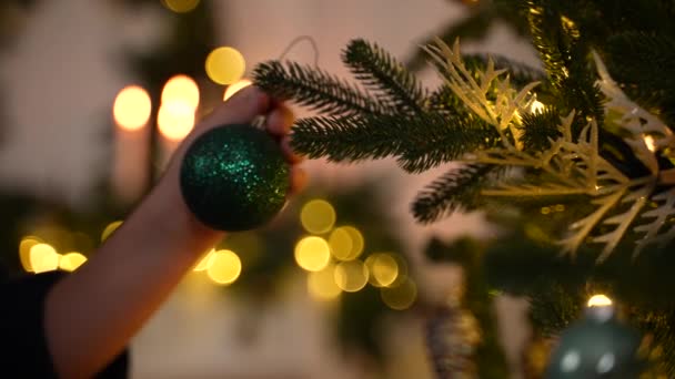 Hand eines kleinen Jungen hängt Kugel am Weihnachtsbaum — Stockvideo