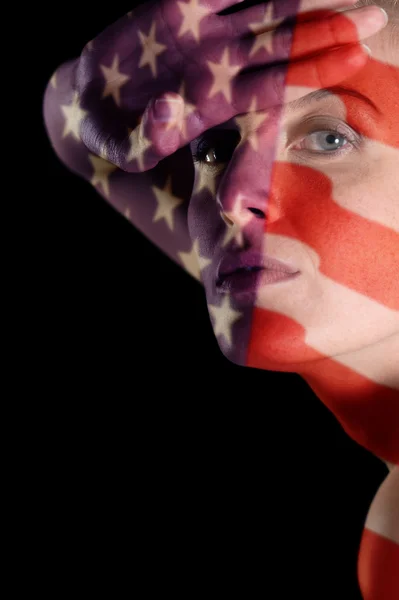 Portrait of a woman with the flag of the USA — Stock Photo, Image