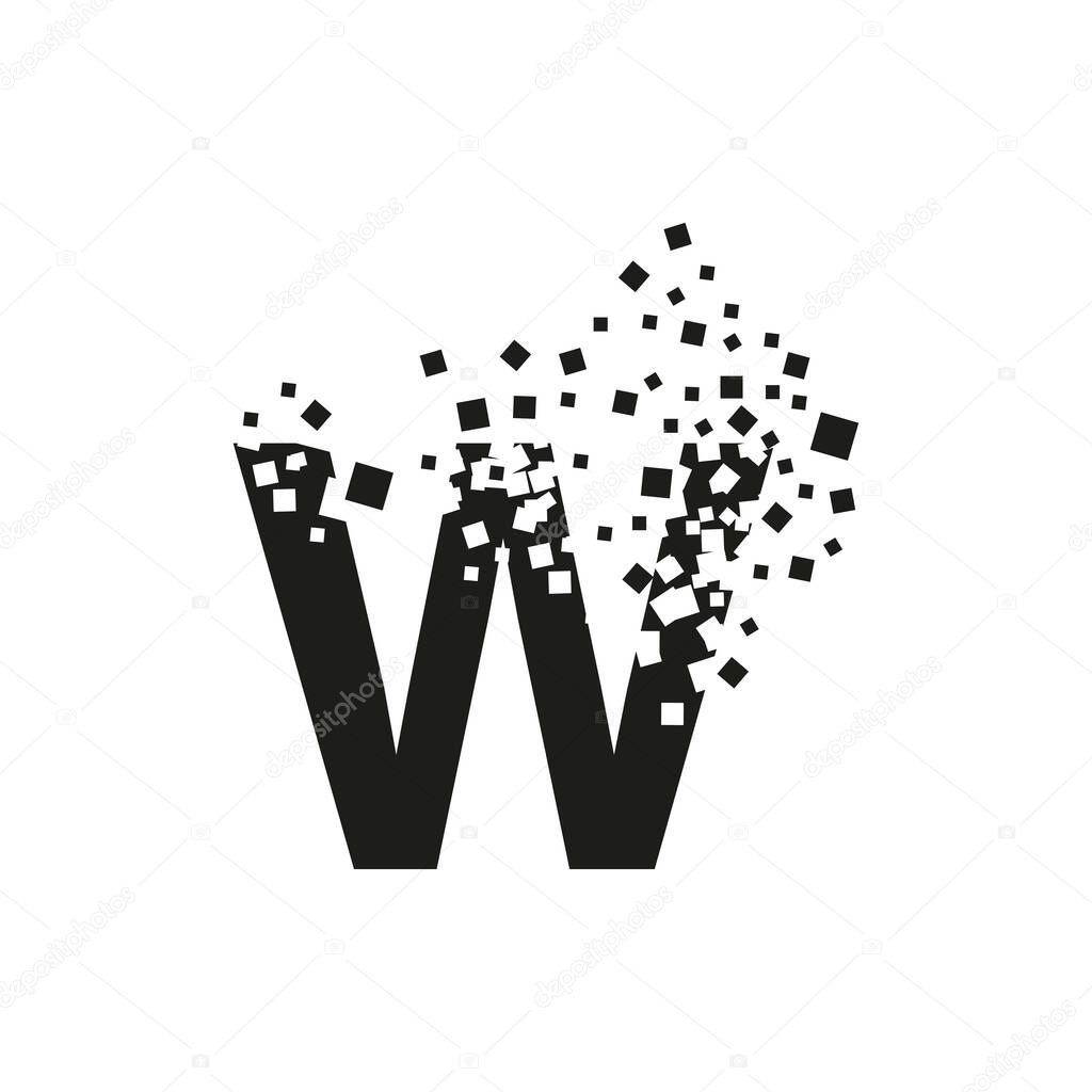 The letter W turns into a cloud of squares of different sizes.