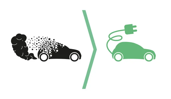 Arabanın evrimi. Egzoz gazlı araba ikonu duman bulutu şeklinde. Elektrikli araba ikonu. Çevre koruma kavramı.