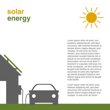 Layout template for solar energy theme. The electric car is charged from a rooftop house with a solar panel.