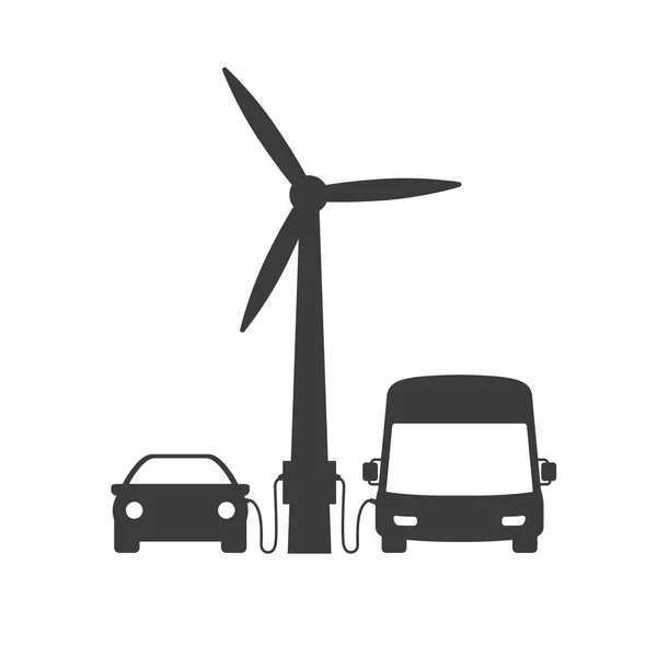 車とバスは風力タービンに接続されています 風力発電所 風力発電所から電気自動車とバスを充電する — ストックベクタ
