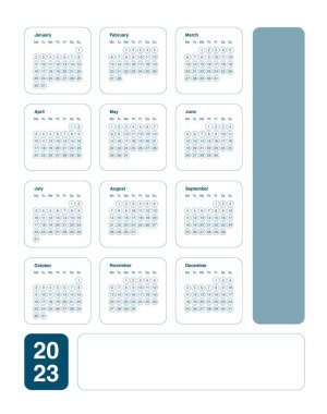 2023 için 12 aylık takvim ızgarası.