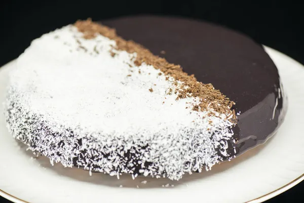Detailed Close Lamington Mirror Glaze Single Tier Cake Shredded Coconut — Stock Photo, Image