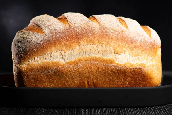 Freshly Baked Continental Bread Loaf Dusted White Flour Five Scores — Stock Photo, Image