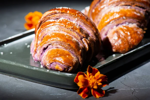 Fresh Baked Home Made Ube Croissants Using Flavouring Purple Yam — 스톡 사진
