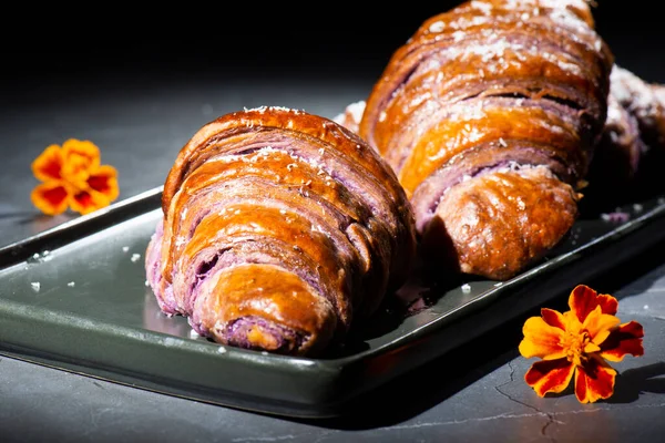 Fresh Baked Home Made Ube Croissants Using Flavouring Purple Yam — стоковое фото