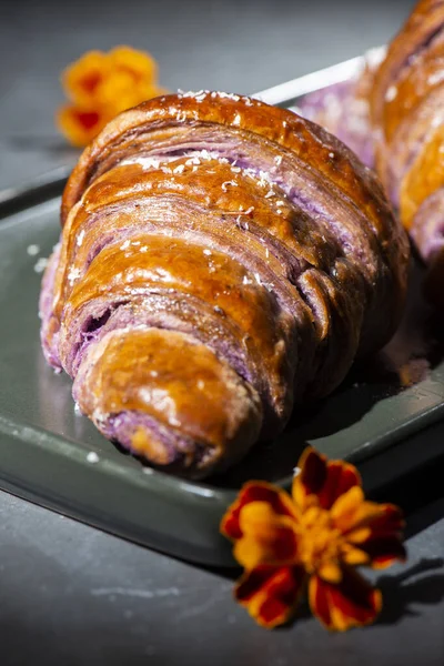 Fresh Baked Home Made Ube Croissants Using Flavouring Purple Yam — стоковое фото
