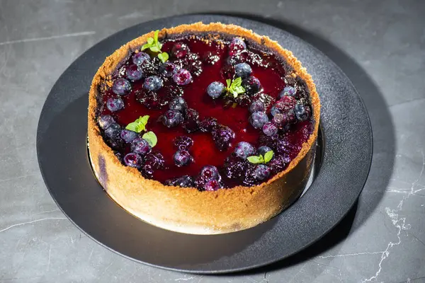 Homemade Blueberry Cheesecake Fresh Blueberries Compote Mint — Stock Photo, Image